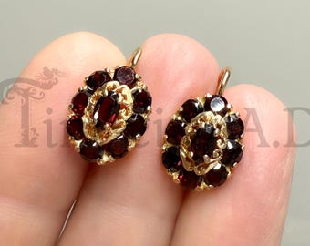 Vintage Antique Revival Earrings, 18k Yellow Gold with a Cluster of Vivid Red Garnets, Circa 1950's