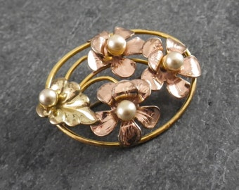 Vintage 1950's Raleigh Brooch, Sculptural Flowers and Faux Pearls, Sterling Silver Rose Gold-Plated