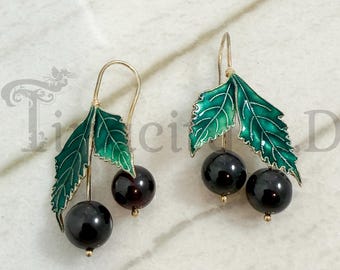 Vintage Dangle Earrings, Enameled Leaves and Garnet "Cherries", Gold-Vermeil Sterling Silver, Circa 1980's