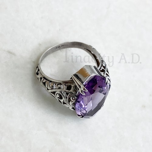 Lovely Vintage Art Deco-Era Sterling Silver Filigree Ring Featuring shops a Large Marquise Cut Amethyst, 1940
