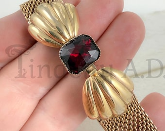Vintage 1950's Style Bracelet with a Deep Red Imitation Garnet and Gold-Tone Shell Shaped Accents, 7 1/4-Inches.