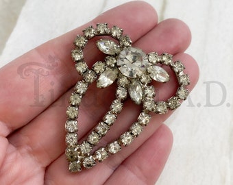 An Awesome Vintage 1950's Era Rhinestone Brooch Featuring a Ribbon-Like Heart Shaped Design