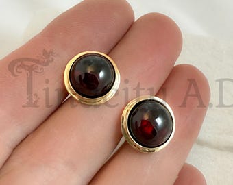 Vintage 14k Yellow Gold Garnet Cabochon Earrings, 1990s
