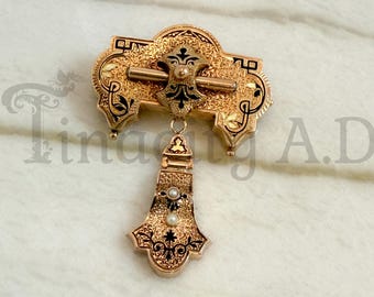 Antique Victorian 14k Yellow Gold Brooch, Black Enameled and Seed Pearl Accents, Circa 1870's