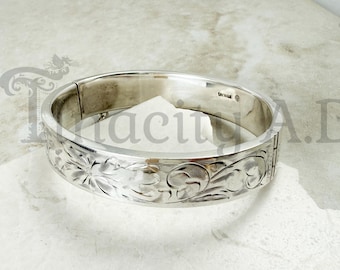 Vintage Sterling Silver Floral Engraved Bangle Bracelet, Flat Edge, Size 6 3/4