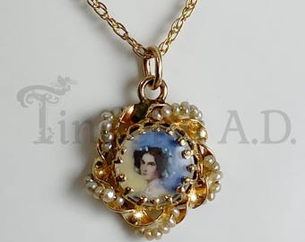 Vintage Victorian-Revival Tiny Miniature Portrait in Fancy Frame Pendant with Seed Pearl Accents and 18-Inch Chain, 14k Gold