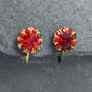 A Pair of Vintage Sterling Silver with Gold Overlay, Set with Vivid Red Rhinestone Cluster Earrings, Circa 1940