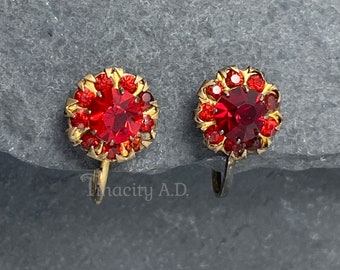 Vintage Sterling Silver Gold Overlay Red Rhinestone Cluster Earrings, 1940s