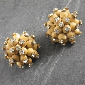 Awesome Vintage Eugene Wooden Beads with Rhinestones Earrings, Circa 1950s