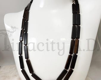 Antique 54-Inch Strand of Long Flat Wooden Beads with Gold-Tone Base Metal Clasp, Newly Restrung, Circa 1900's