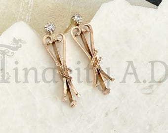 Antique Victorian Dangle Earrings, 10k Yellow Gold with Diamonds Set in White Gold, 14k Gold Posts and Ear Backs, Circa 1890's