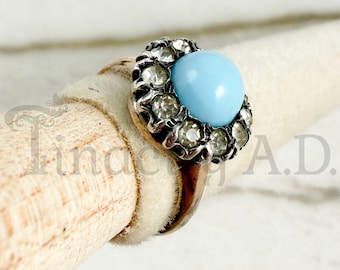 Vintage Edwardian Style Rolled Gold Plate and Silver Cluster Ring, Imitation Turquoise Center Framed in Rhinestones, Circa 1950-60's.