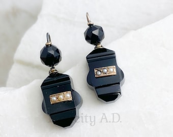 Antique Victorian Dangle Earrings, 9k Gold with Faceted Black Onyx and Seed Pearls, Circa 1880's