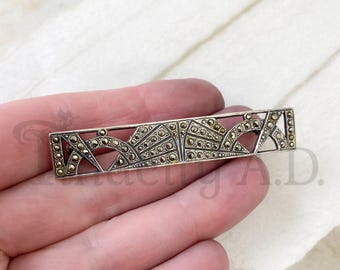 Vintage Sterling Silver Art Deco Revival Long Bar Pin-Brooch with Marcasites Set Throughout