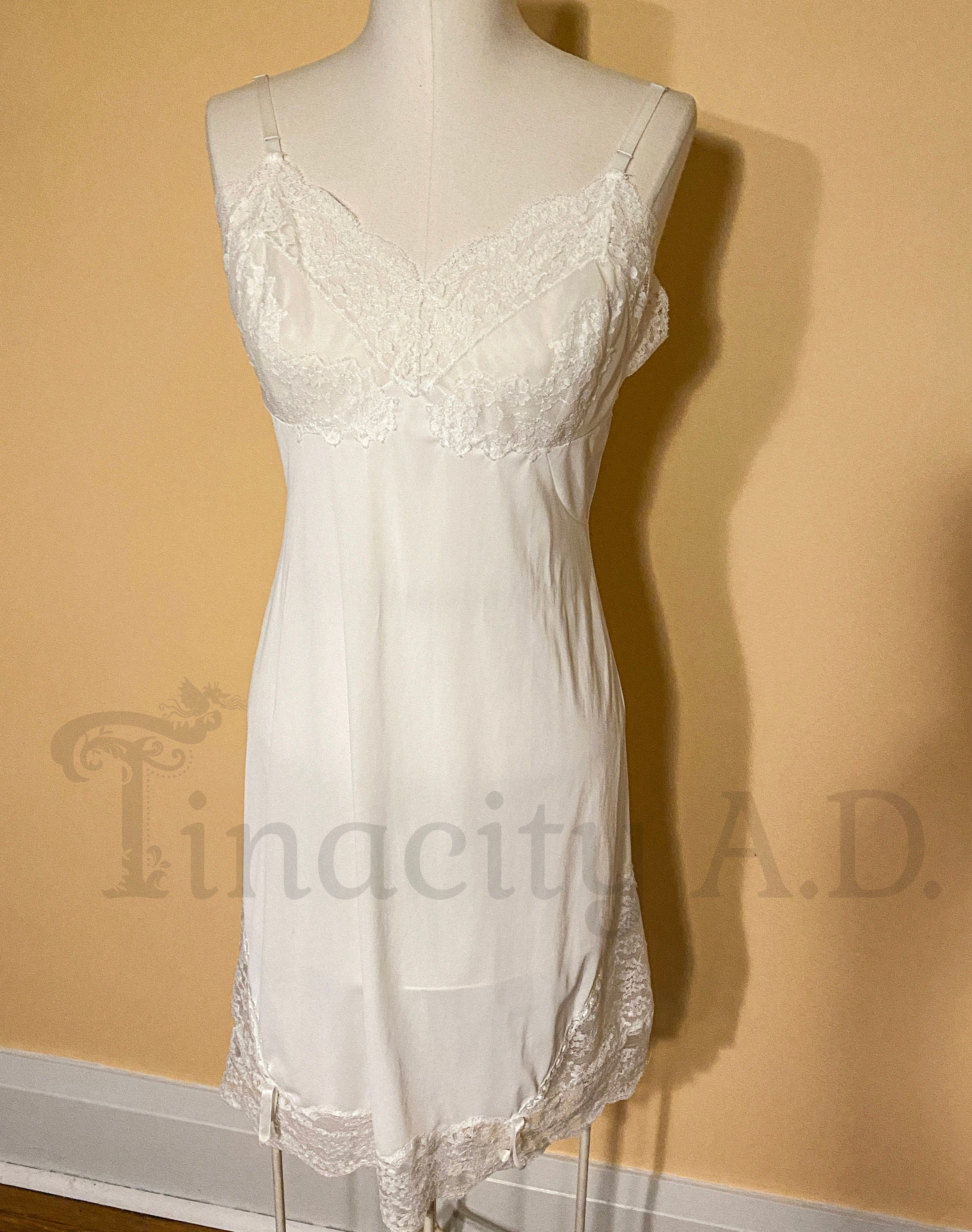 Vintage 60s, Shadowline White Nylon Slip, Lace Trim, 34 Short 