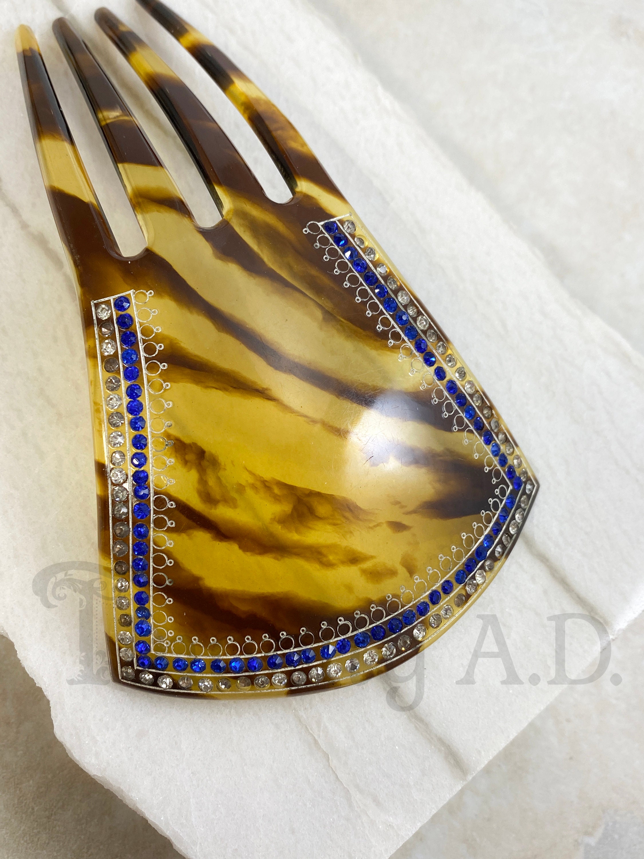 Vintage Art Deco Celluloid Blue Crystal Rhinestone Hair Comb, Statement Piece Vintage Art Deco Hair Comb Celluloid and Blue Sapphire  main image 4