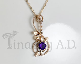 Antique Victorian Filigree Pendant, 14k Gold with Deep Purple Amethyst, Circa 1890's and New 18-Inch Chain