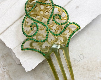 A Roaring 20's Vintage Art Deco Hair Comb Featuring Emerald Green Rhinestones Set in Early Plastic