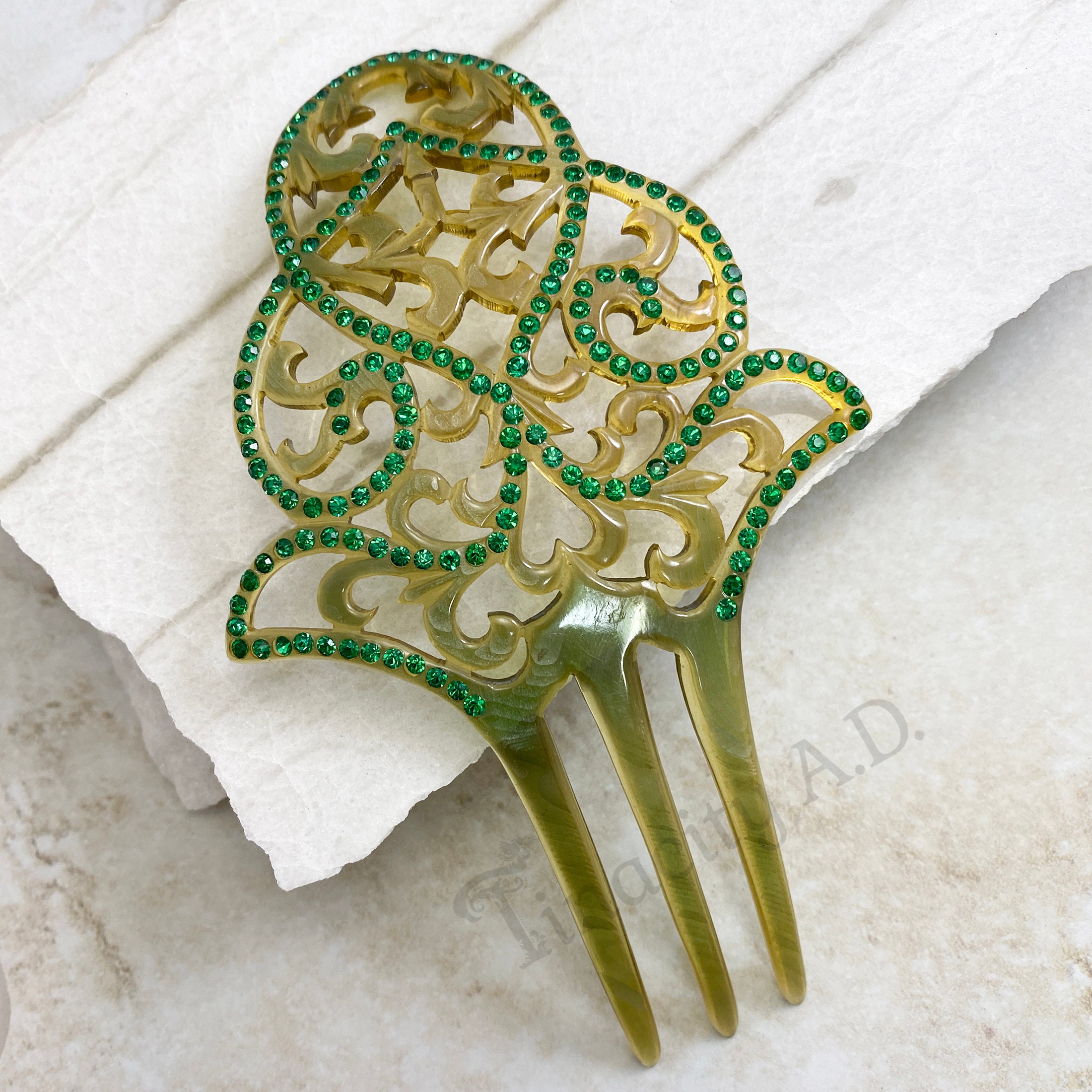 Vintage Art Deco Green Rhinestone Hair Comb Art Deco Celluloid Hair Comb Teal Blue Sapphire Rhinestones  main image 2
