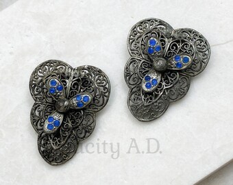 Vintage Pair of Bohemian Filigree Dress Clips, Silver-Tone with Sapphire-Blue Glass Accent Stones, Circa 1930