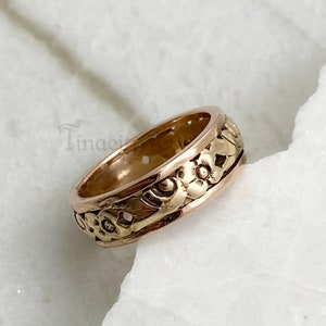 A Romantic Vintage 14k Rose and Yellow Gold Wedding Band with Flowery Design Throughout, Circa 1950's