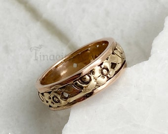 A Romantic Vintage 14k Rose and Yellow Gold Wedding Band with Flowery Design Throughout, Circa 1950's