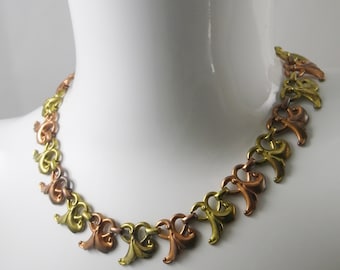 1950's Era Vintage Choker with Rose, Silver and Gold-Tone Scroll Design Links