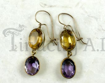 Antique Dangle Earrings, Georgian Style with Citrine and Amethyst set in Simple Bezels with Latch Back Kidney-Shaped Ear Wires.