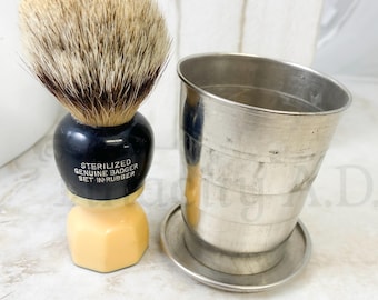 Vintage Collapsible Travel Shaving Cup and Brush with Celluloid (Plastic) Handle and Badger Bristles, Circa 1930's