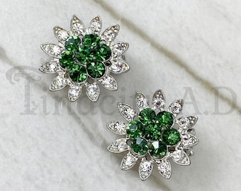 A Pair of Vintage Lisner Earrings, Silver Tone with Vibrant Green Rhinestones in the Center and Clear Rhinestone Petals, Circa 1980's