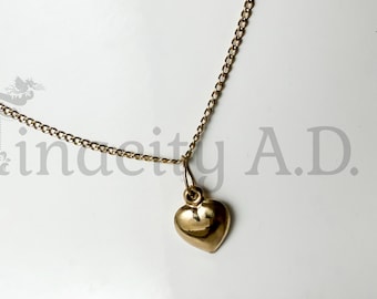 Vintage 14k Gold Tiny Puffed Heart Charm and 14k Gold Delicate Curb Link Chain, 18-Inches Long