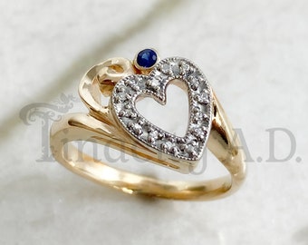 Hand-Carved 14k Gold Diamond Heart Ring with Sapphire