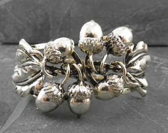 Vintage Silver Tone Clamper Bracelet, Acorn and Oak Leaf Design, Circa 1950