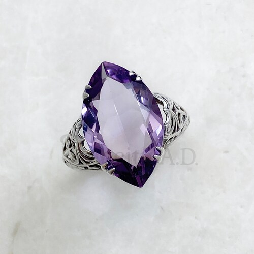 Lovely Vintage Art Deco-Era Sterling Silver Filigree Ring Featuring shops a Large Marquise Cut Amethyst, 1940