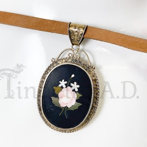 A Vintage Silver Large Pietra Dura Pendant-Locket with Lovely Pink Rose Design, Wire Filigree and a Glass Backing for Mementos, Circa 1900.