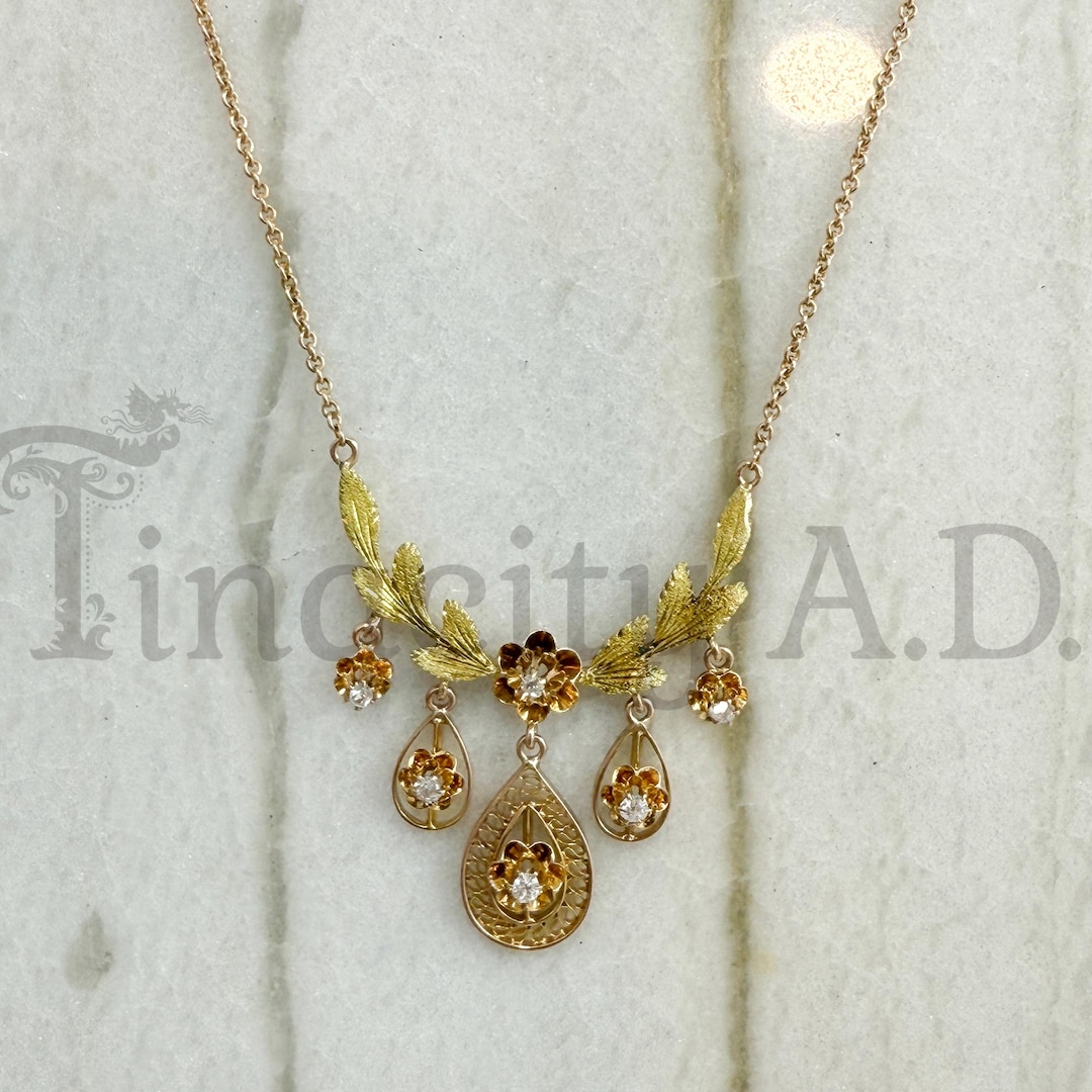 Antique 14k Yellow Gold and Diamond Art Nouveau Necklace, 16-inches ...