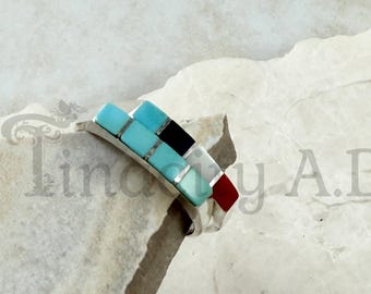 Vintage Pair of Sterling Silver Stacking Rings with Inlaid Turquoise, Mother of Pearl, Coral and Black Onyx, Size 7.