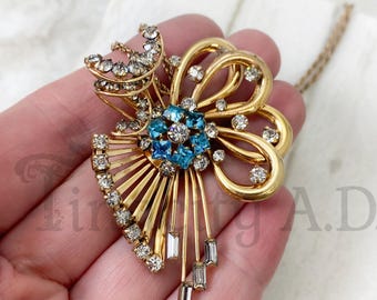 Vintage M&S Gold-Filled Ribbon-Spray Design Pendant-Brooch with Teal and Clear Rhinestones, 18-Inch Chain, Circa 1950's.