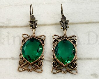 Vintage Pair of Large Gold-Tone Filigree Dangle Earrings with Deep Emerald Green Glass Stones and Newer Lever Backs