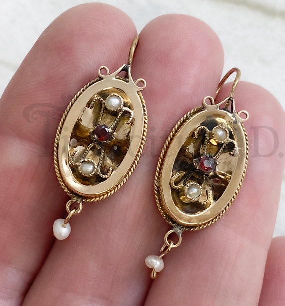 A Whimsical Pair of Antique Victorian Dangle Earrings Featuring Tiny Pearls and Garnets 10k Yellow Gold and Gold filled Circa 1880 s Etsy Canada
