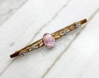 A Vintage Molded Pink Glass Cameo with Rhinestone Accents, Set in Gold-Tone Base Metal, Circa 1930's