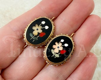 Antique 14k Yellow Gold Pietra Dura Dangle Earrings with Fancy Twisted Wire Frame and Latch Back Ear Wires, Circa 1900