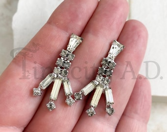 An Elegant Pair of Vintage Silver-Tone Dangle Non-Pierced Earrings Featuring Baguette Cut Rhinestones, Circa 1950's