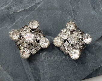 Vintage Large Square Cluster Clip Back Earrings Featuring Rhinestones Set in Silver Tone Settings, Circa 1950's.