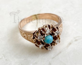 A Vintage Edwardian Ring with a Beautiful Combination of Turquoise and Old Cut Diamonds, 14k Yellow Gold, Circa 1890's