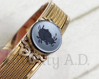 A Vintage Edwardian Revival Bangle Bracelet, Yellow Gold-Filled with Black Onyx Intaglio and Chain Link Accents, Circa 1950's