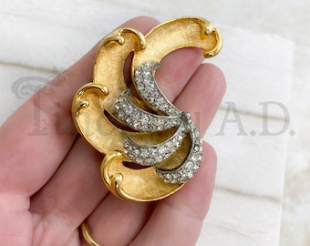 Vintage BSK Wave-Shaped Brooch with "Pave" Rhinestones, Gold and Silver Tone Base Metal, Circa 1960's.