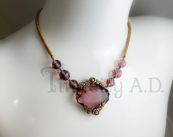 An Awesome Vintage Edwardian-Revival Choker Necklace, Gold-Tone Rose-Themed Mounting with Purple Cut Glass, Circa 1920-1930's