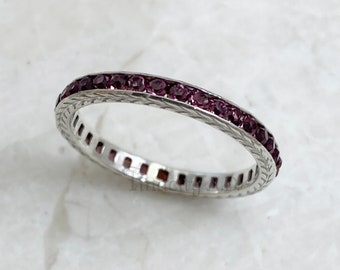 A Lovely Vintage Art Deco Eternity Band, Sterling Silver with Hand-Engraved Design, Set with Imitation Amethysts, Circa 1940's.