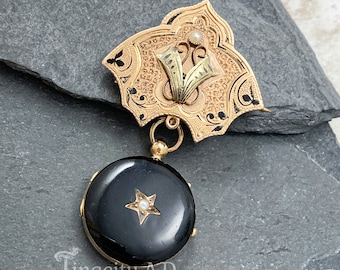 Antique Victorian 14k Gold Engraved Design Chatelaine Brooch and Black Enameled 18k Locket with Seed Pearl Accents, Circa 1880's
